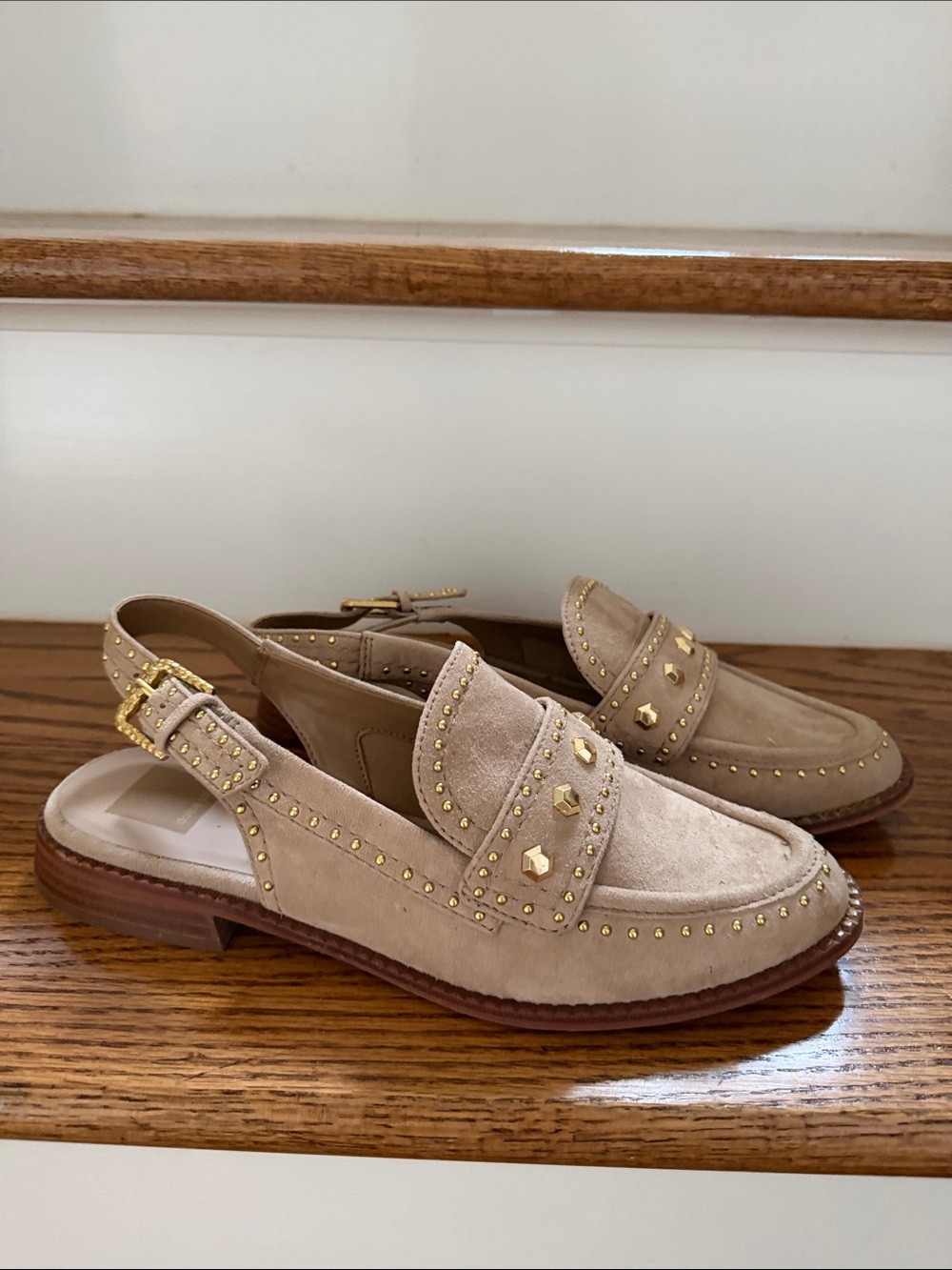 Beige Suede Studded Slingback Loafers - Women